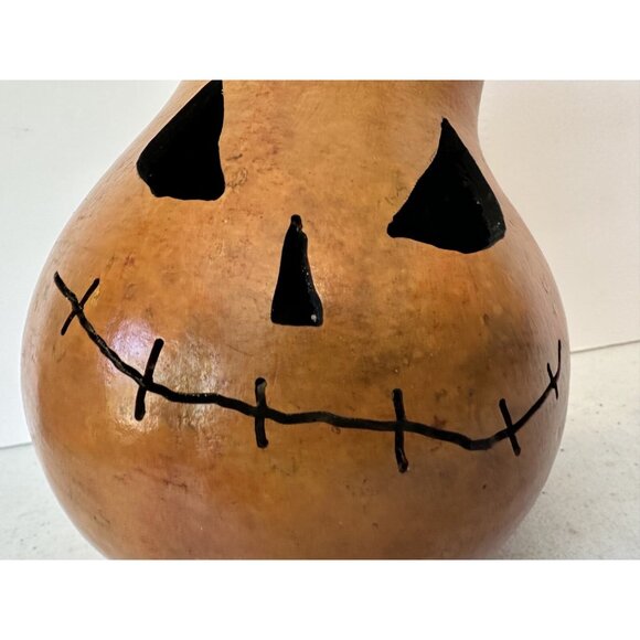 Handmade 7" carved Halloween gourd jack-o-lantern pumpkin signed folk art rustic - Picture 2 of 12